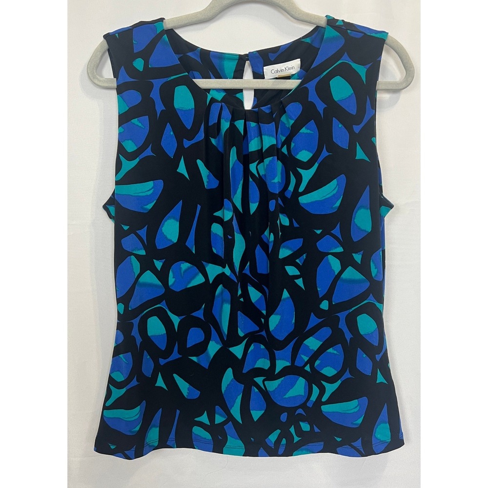 Calvin Klein Womens Blue Teal Abstract Print Sleeveless Pleated Blouse L Top